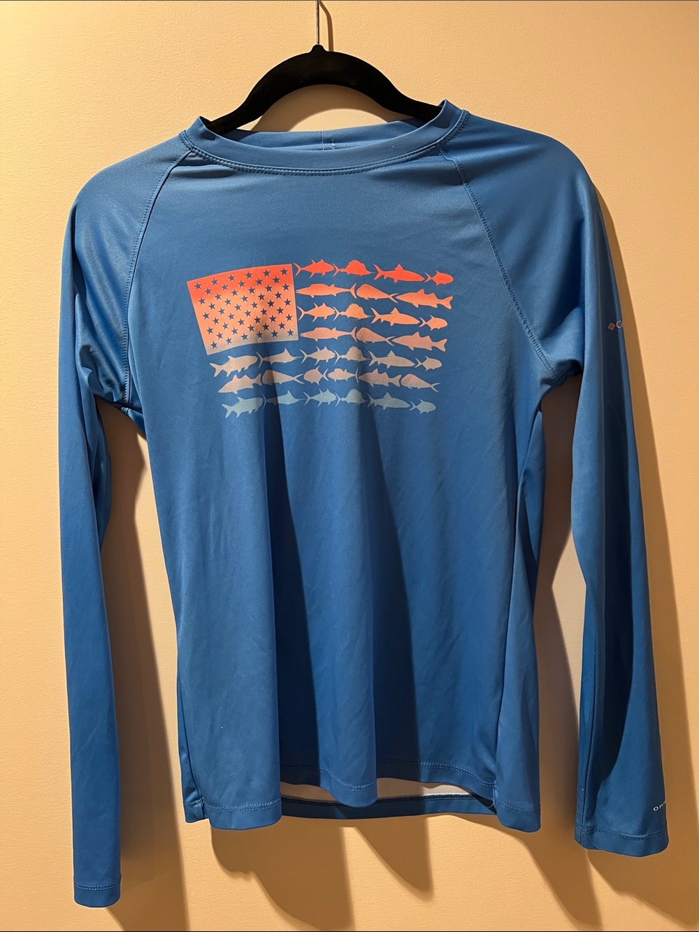 Columbia PFG Blue Long Sleeve Performance Shirt with Fish Flag Graphic